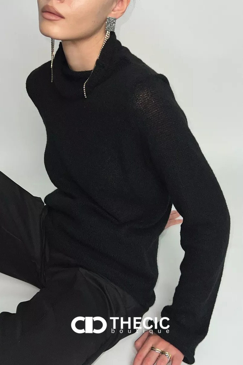 Sheer Knit Mock Neck Long Sleeve Sweater