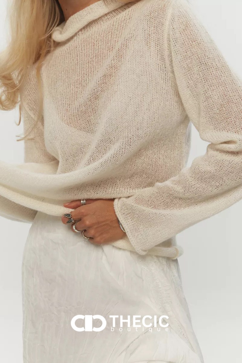 Sheer Knit Mock Neck Long Sleeve Sweater