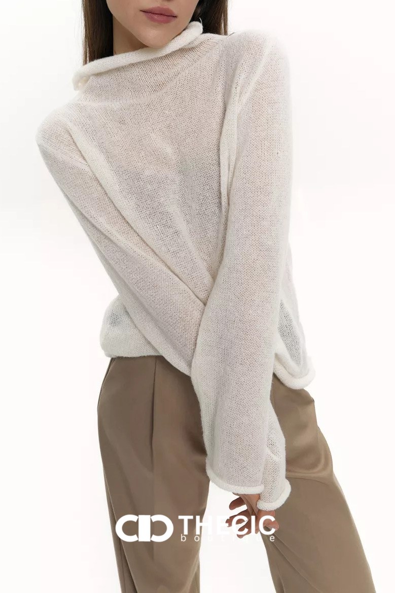 Sheer Knit Mock Neck Long Sleeve Sweater