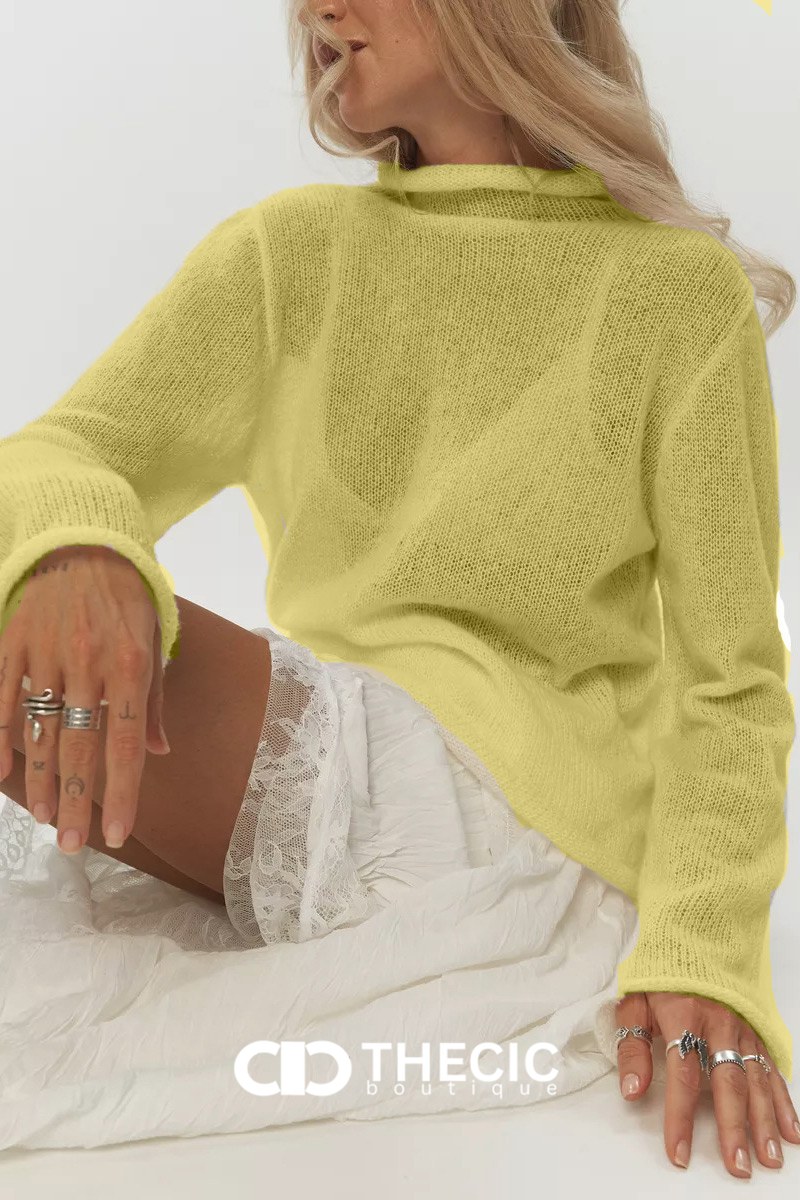 Sheer Knit Mock Neck Long Sleeve Sweater
