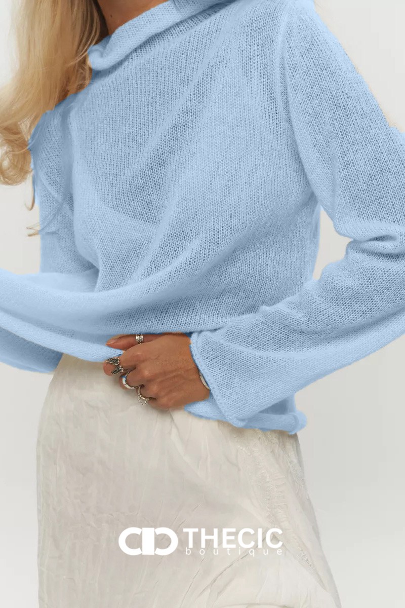 Sheer Knit Mock Neck Long Sleeve Sweater