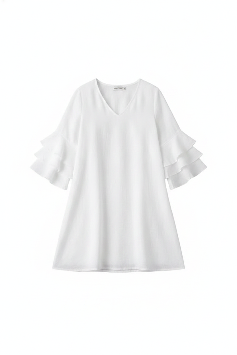 Lightweight V-Neck Tiered Ruffle Sleeve Dress