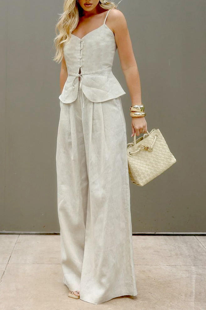Linen-Blend Button-Front Peplum Camisole Wide-Leg Set