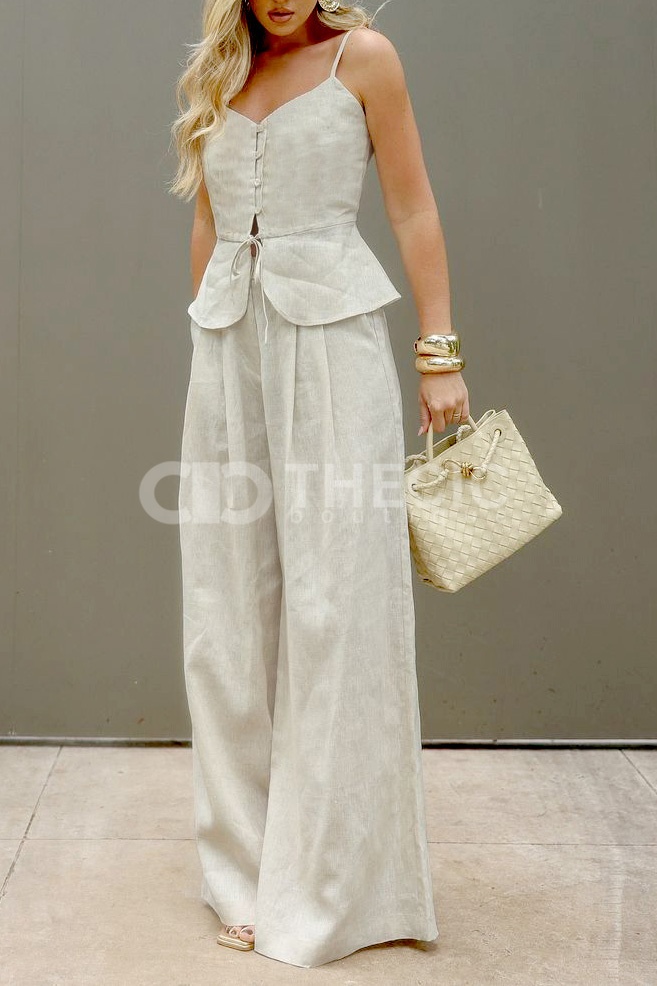 Linen-Blend Button-Front Peplum Camisole Wide-Leg Set