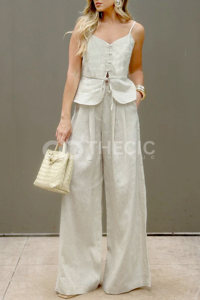 Linen-Blend Button-Front Peplum Camisole Wide-Leg Set