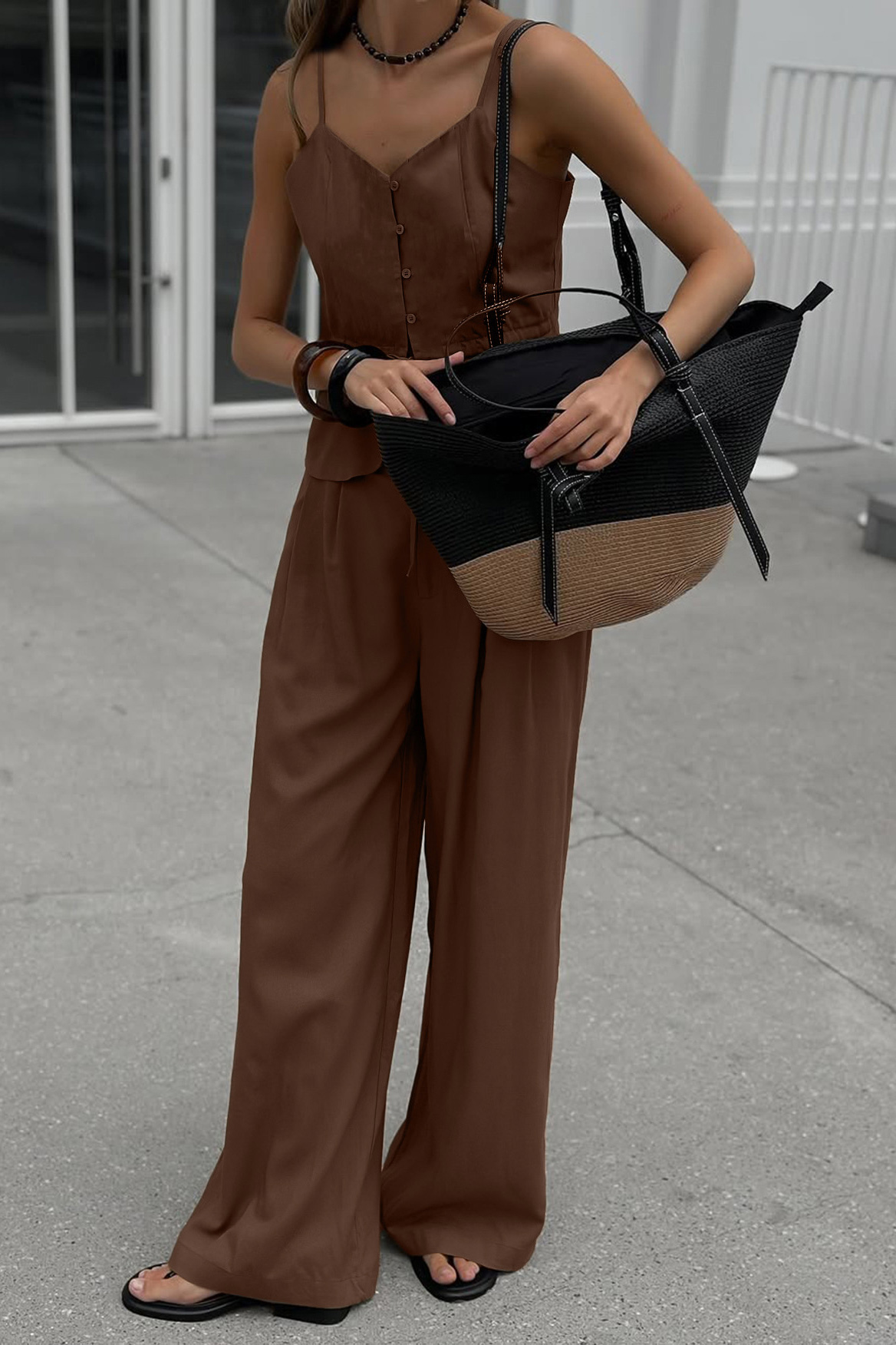 Linen-Blend Button-Front Peplum Camisole Wide-Leg Set