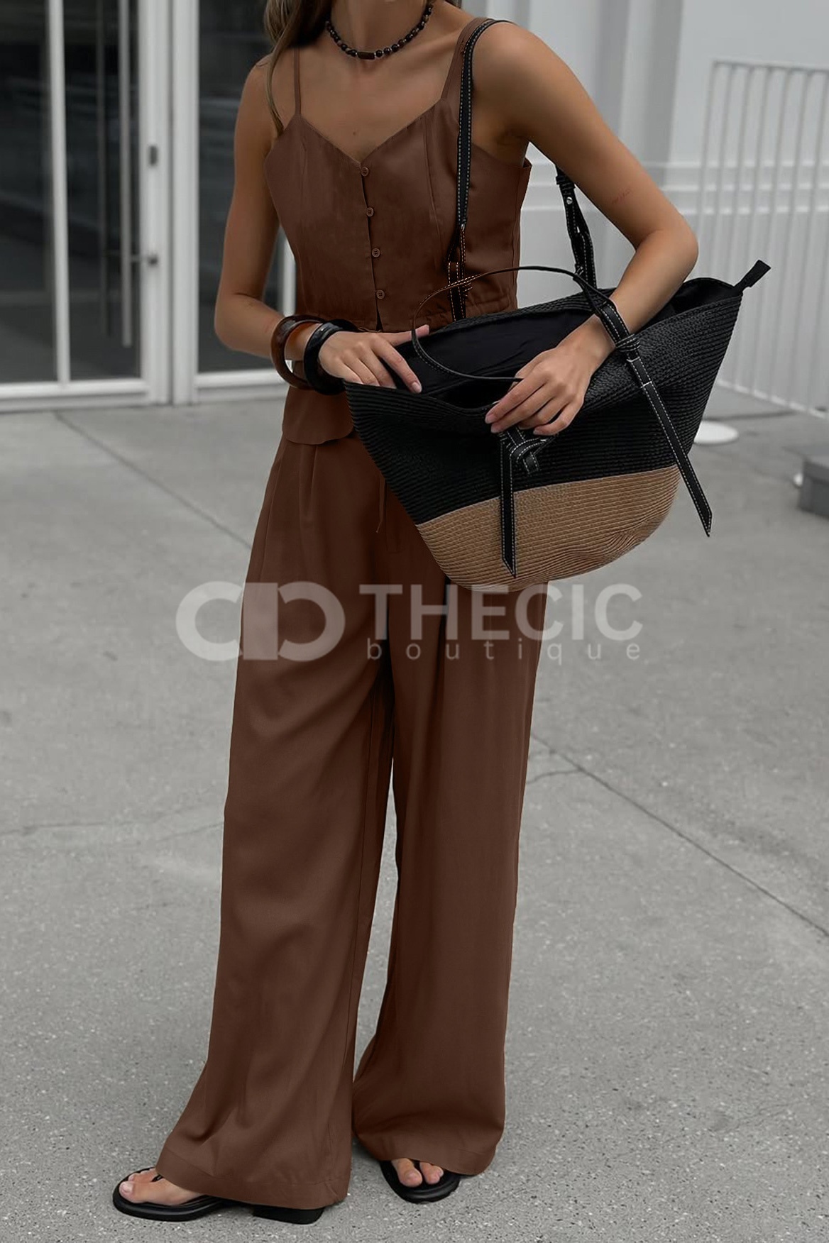 Linen-Blend Button-Front Peplum Camisole Wide-Leg Set