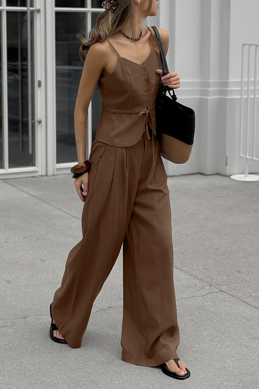 Linen-Blend Button-Front Peplum Camisole Wide-Leg Set
