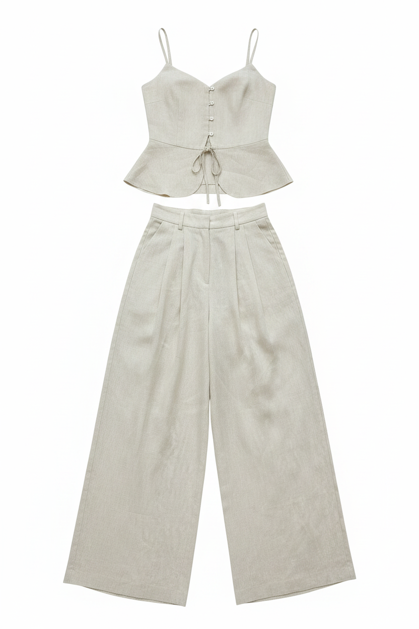Linen-Blend Button-Front Peplum Camisole Wide-Leg Set