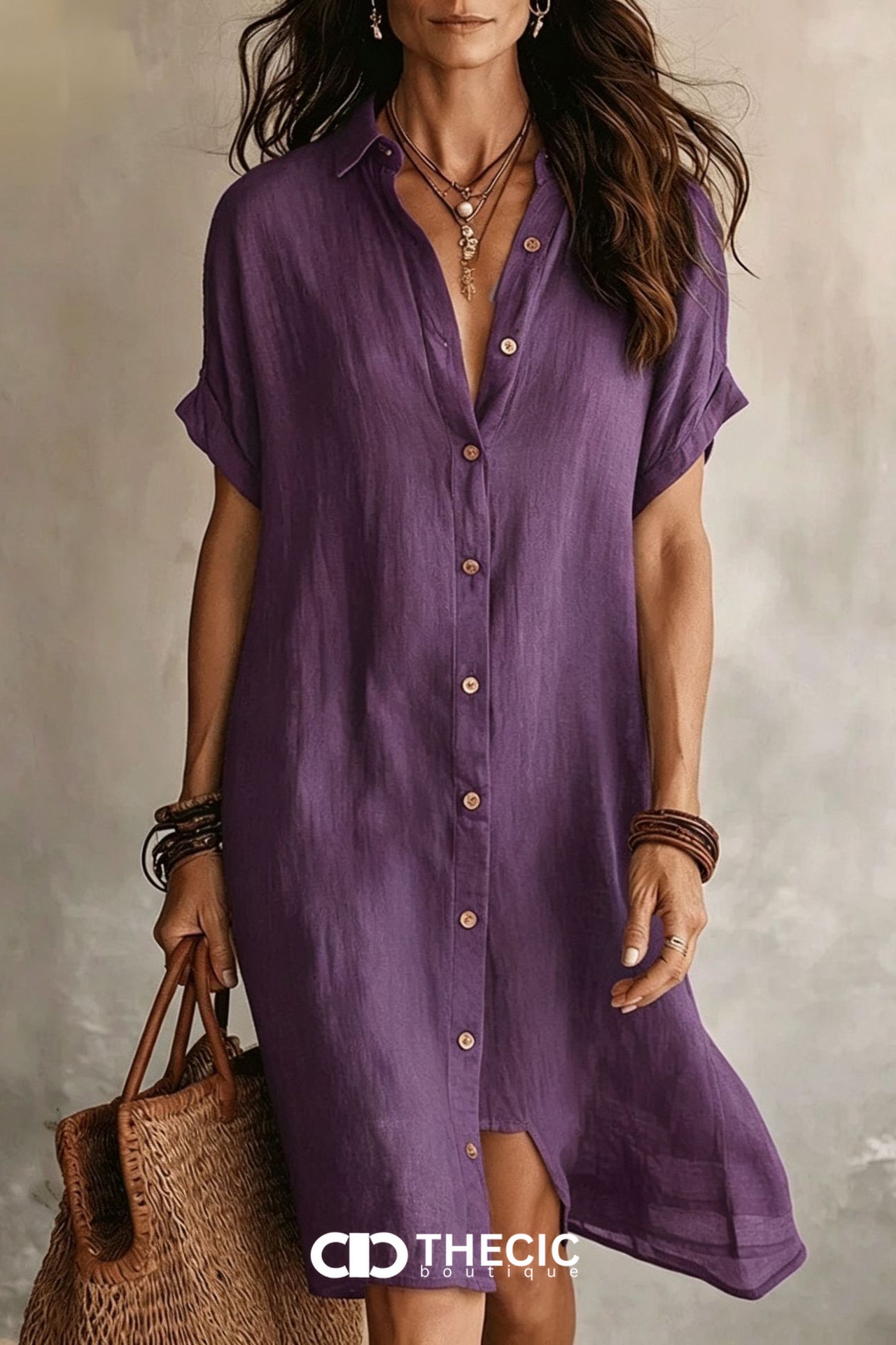 Linen Blend Collared Button Front Shirt Dress