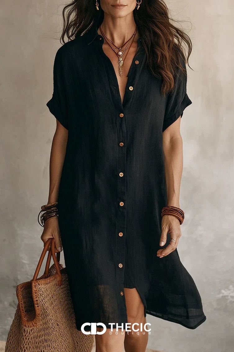 Linen Blend Collared Button Front Shirt Dress