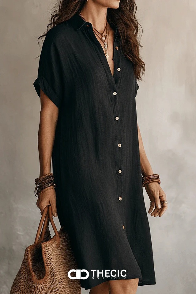 Linen Blend Collared Button Front Shirt Dress