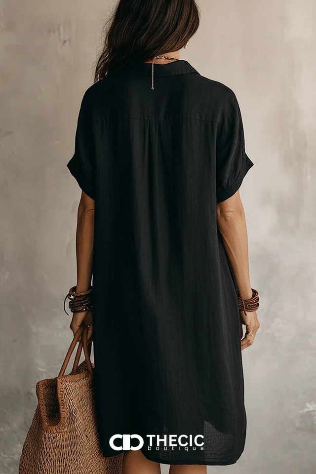 Linen Blend Collared Button Front Shirt Dress