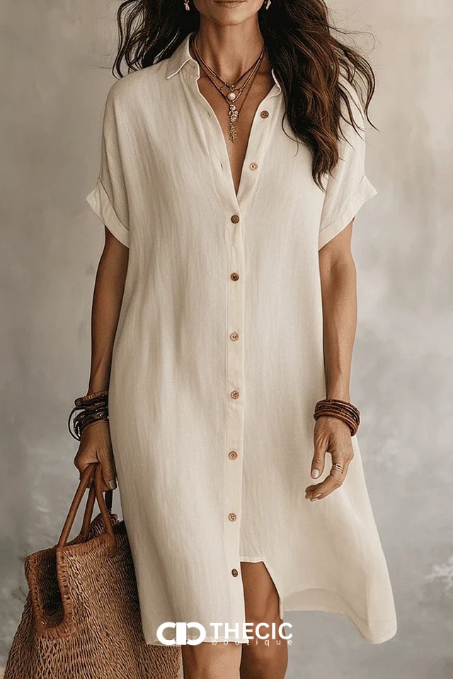 Linen Blend Collared Button Front Shirt Dress