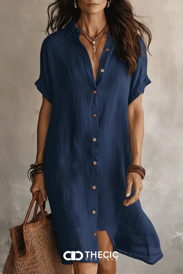 Linen Blend Collared Button Front Shirt Dress