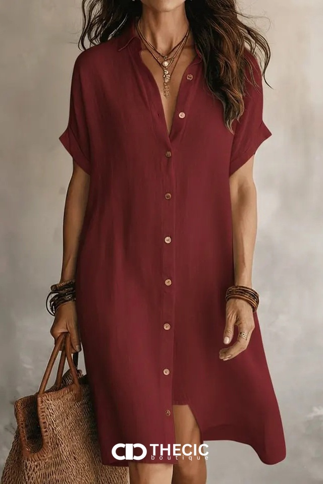Linen Blend Collared Button Front Shirt Dress