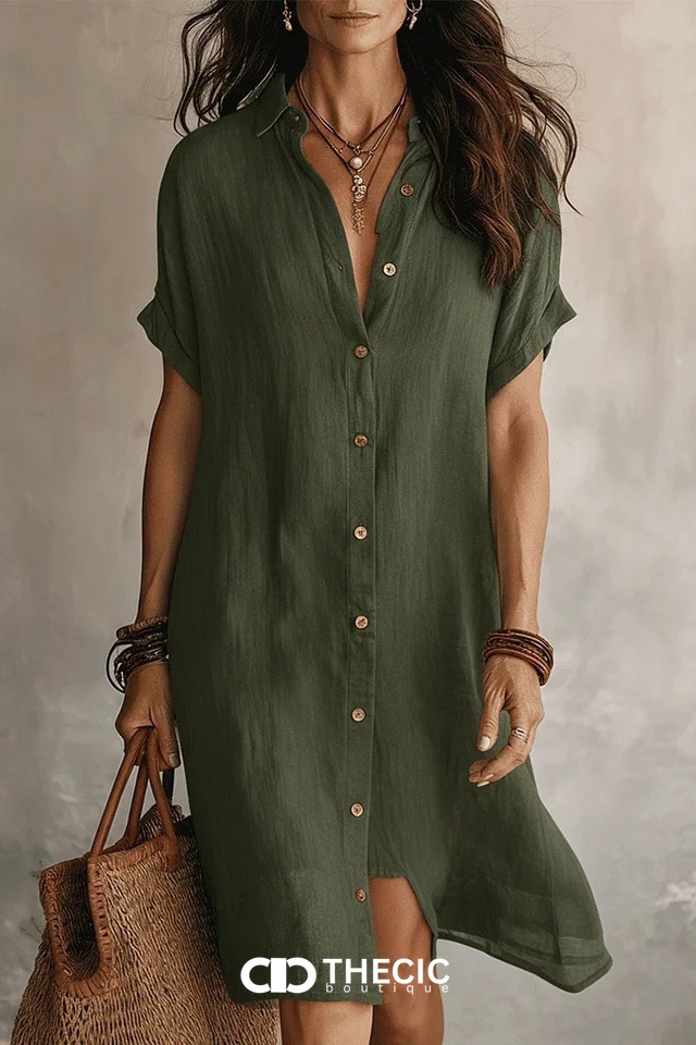 Linen Blend Collared Button Front Shirt Dress