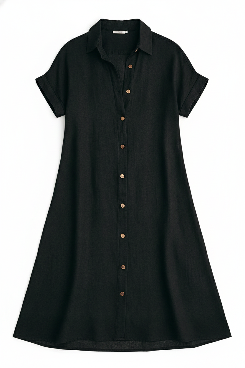 Linen Blend Collared Button Front Shirt Dress