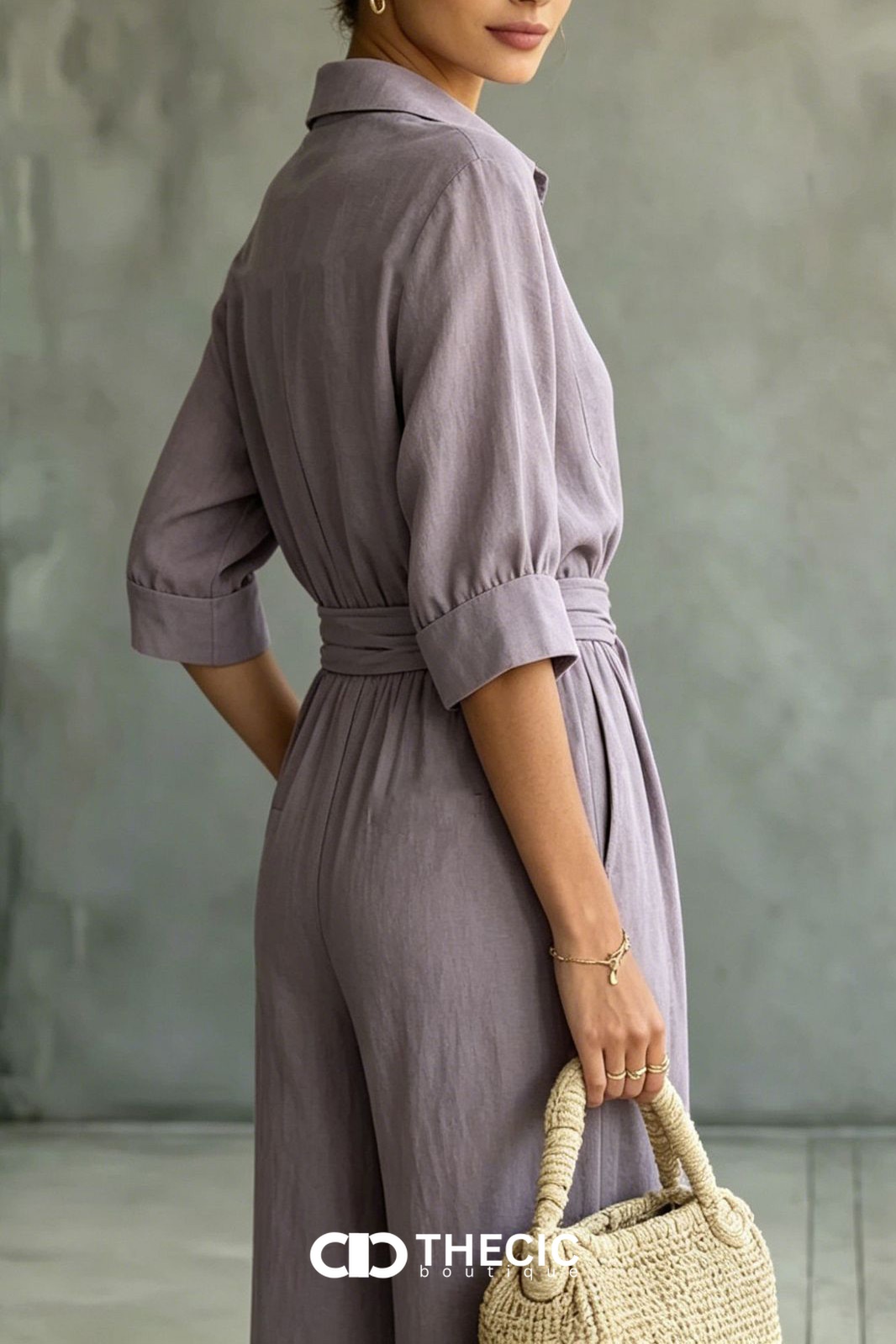 Linen-Blend Collared Button-Front Tie-Waist Wide-Leg Jumpsuit
