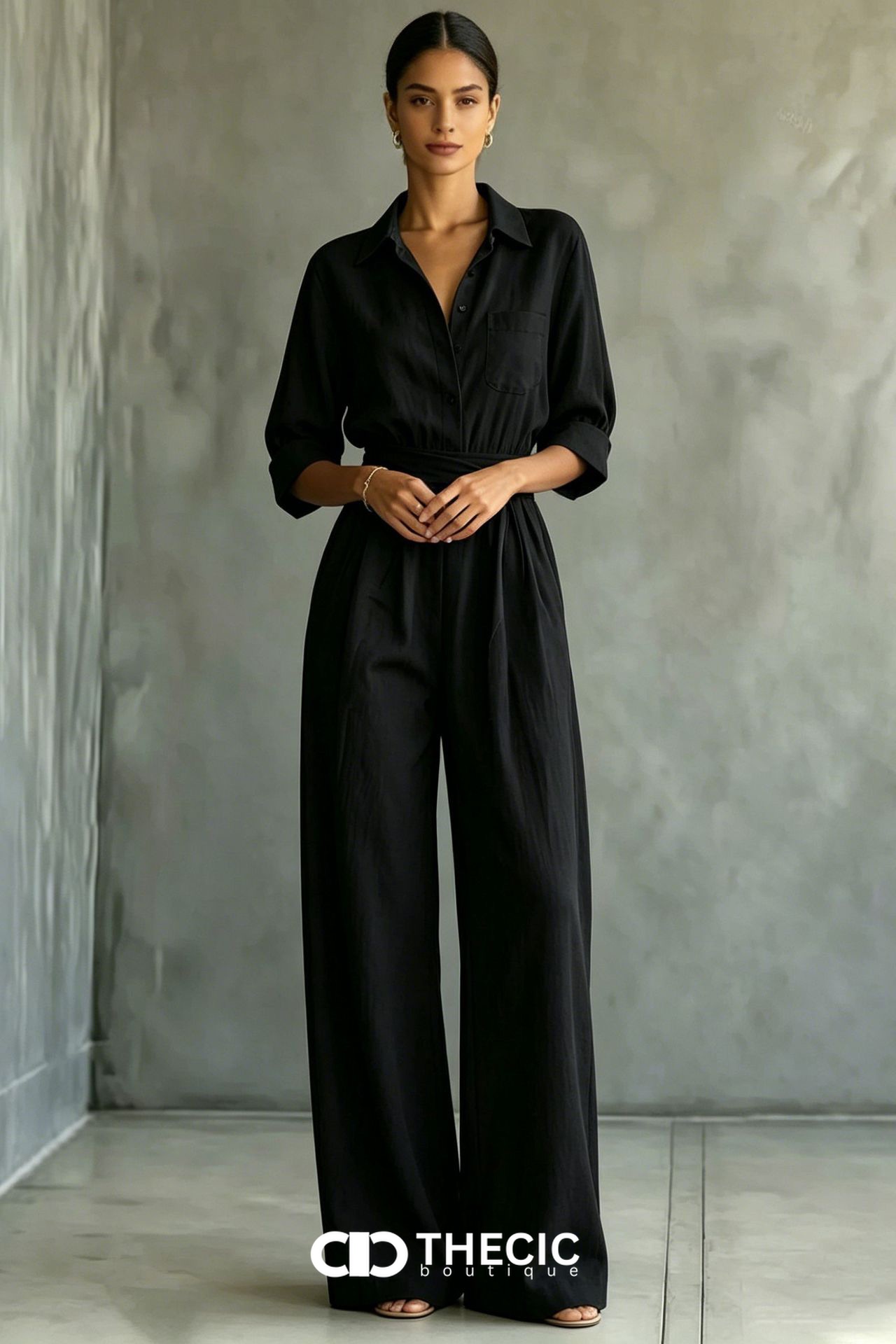 Linen-Blend Collared Button-Front Tie-Waist Wide-Leg Jumpsuit