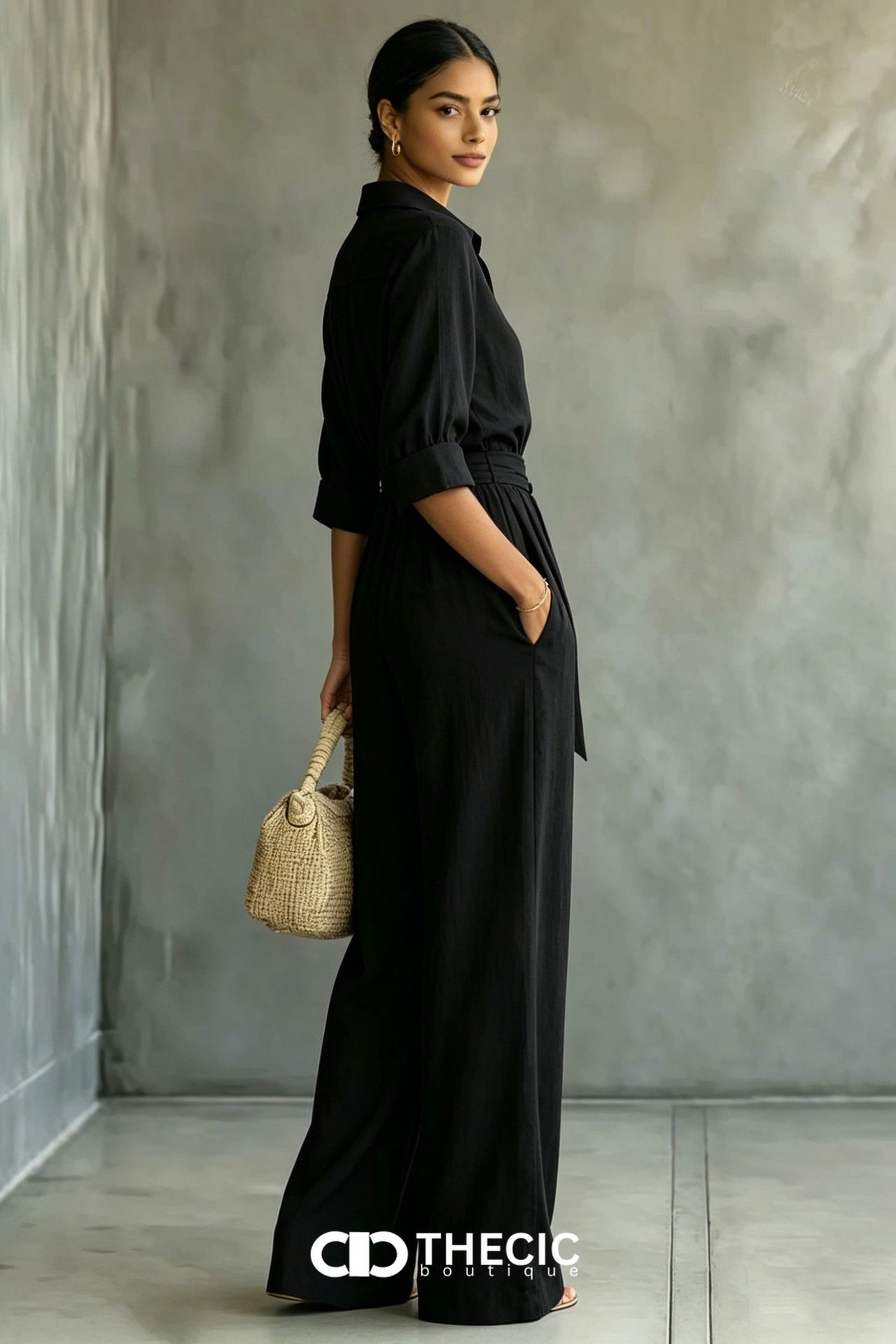 Linen-Blend Collared Button-Front Tie-Waist Wide-Leg Jumpsuit