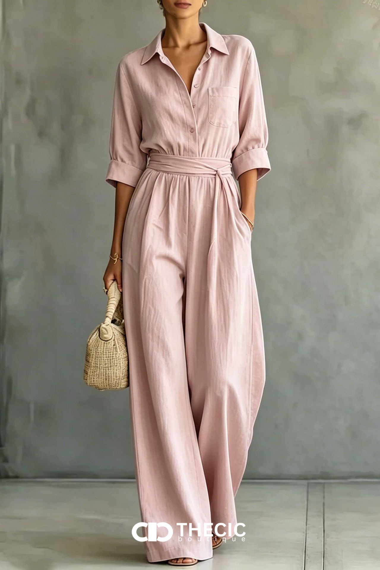 Linen-Blend Collared Button-Front Tie-Waist Wide-Leg Jumpsuit