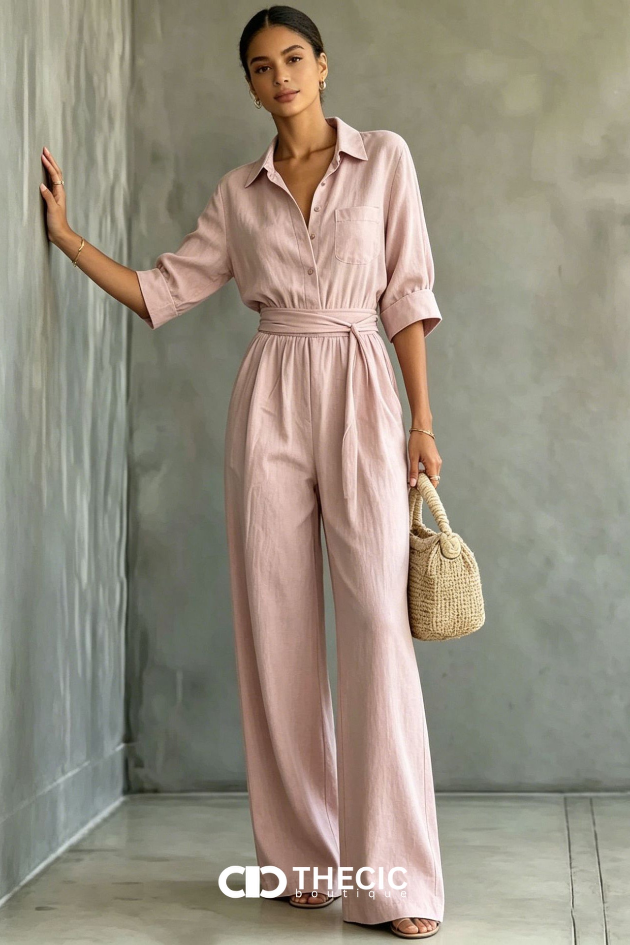 Linen-Blend Collared Button-Front Tie-Waist Wide-Leg Jumpsuit