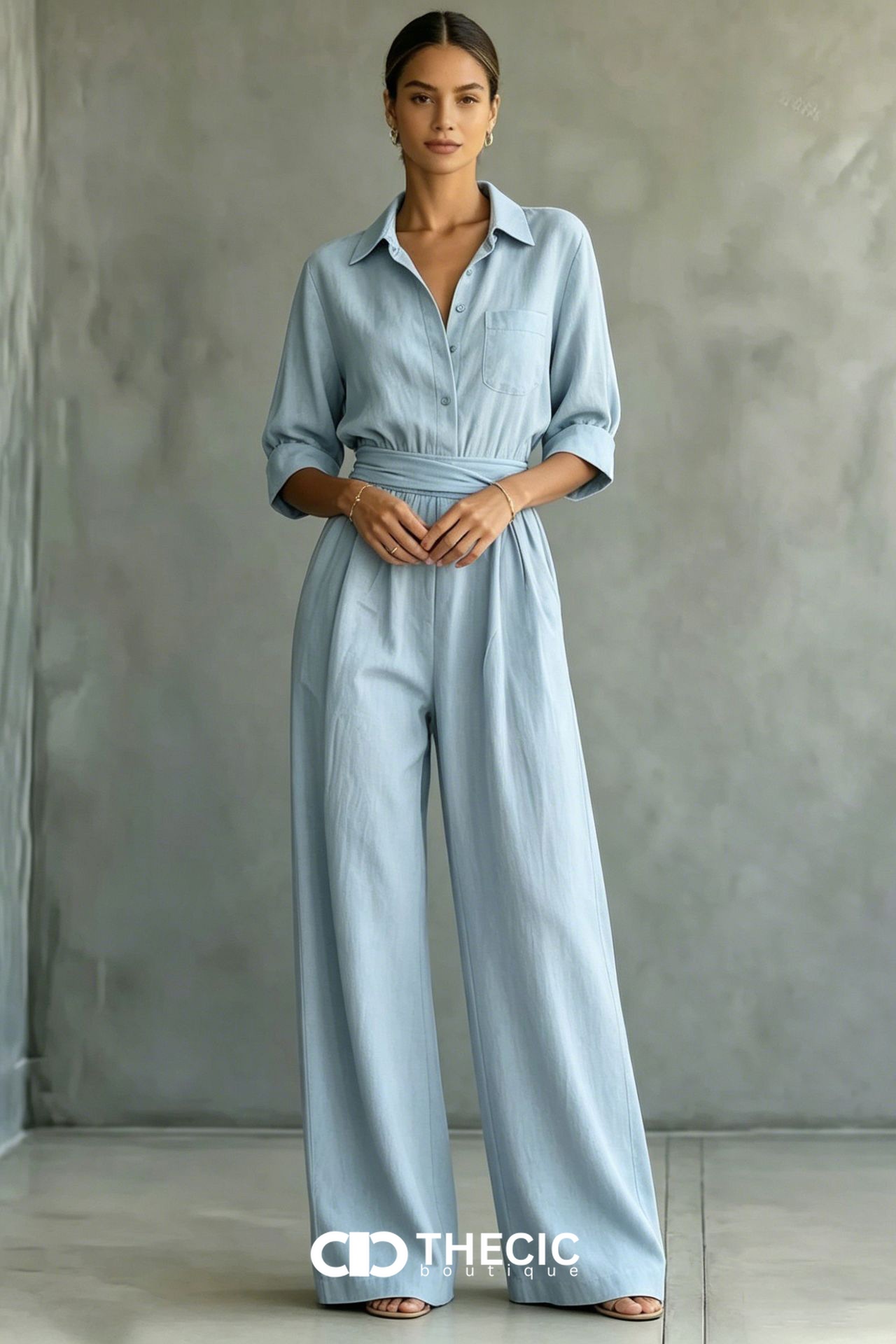 Linen-Blend Collared Button-Front Tie-Waist Wide-Leg Jumpsuit