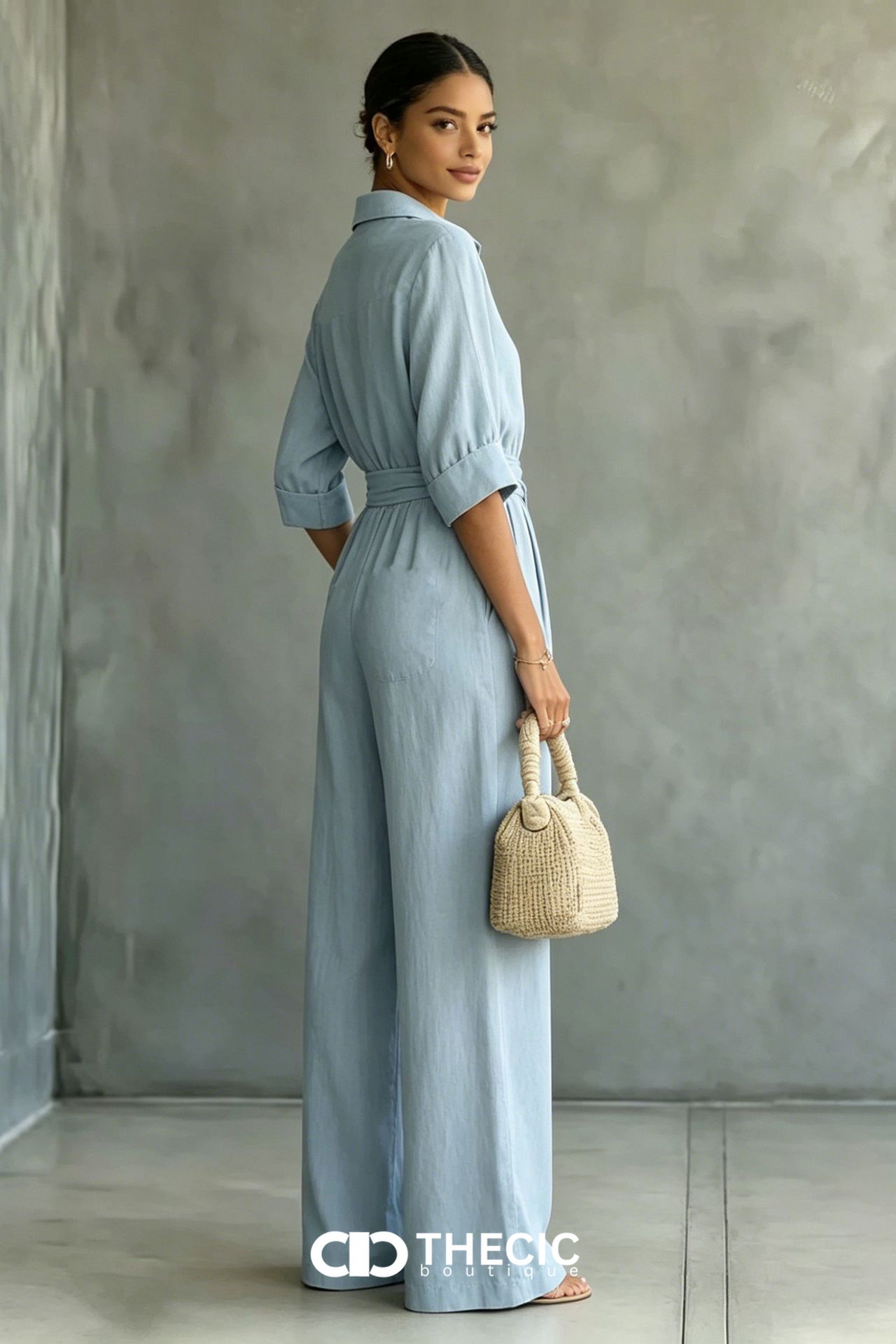 Linen-Blend Collared Button-Front Tie-Waist Wide-Leg Jumpsuit