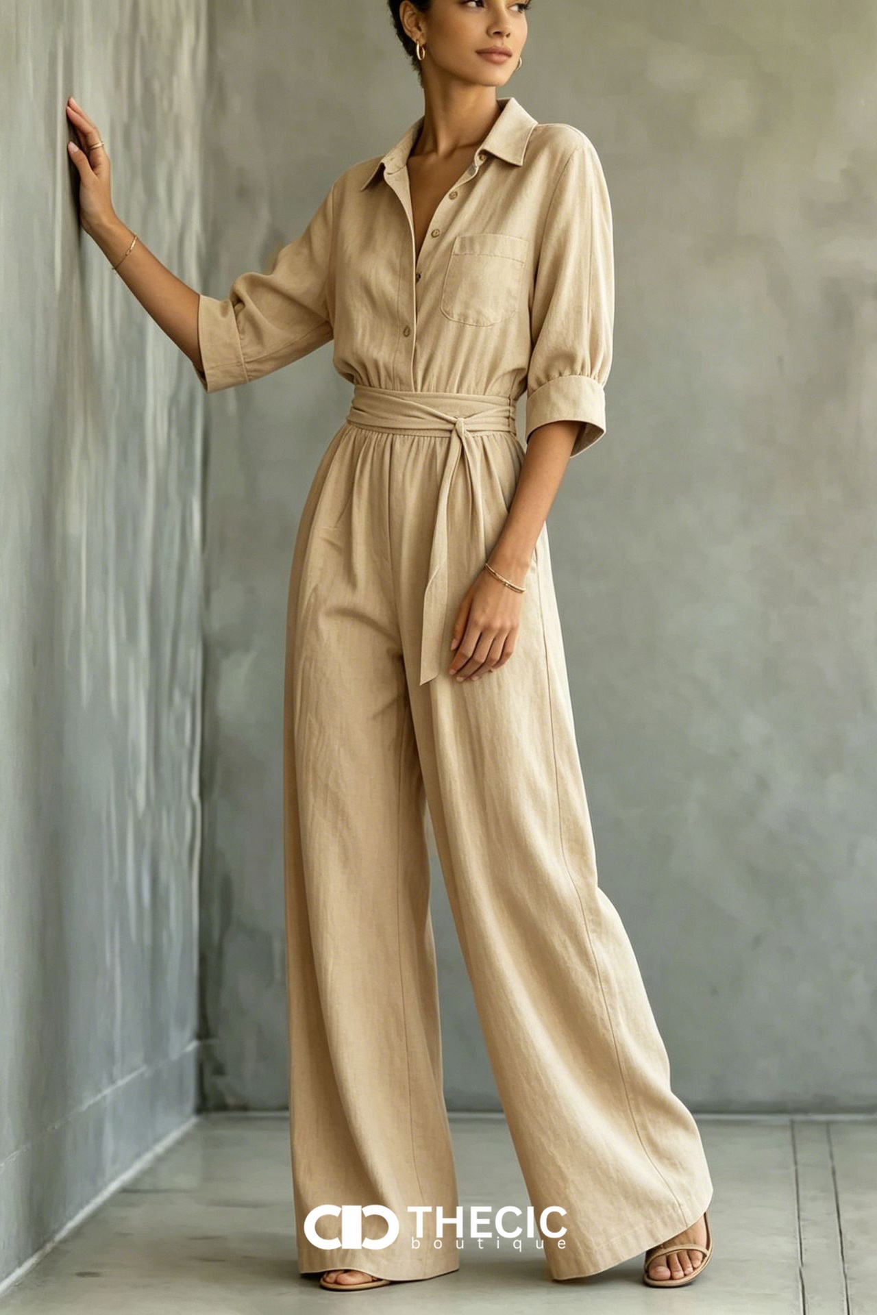 Linen-Blend Collared Button-Front Tie-Waist Wide-Leg Jumpsuit