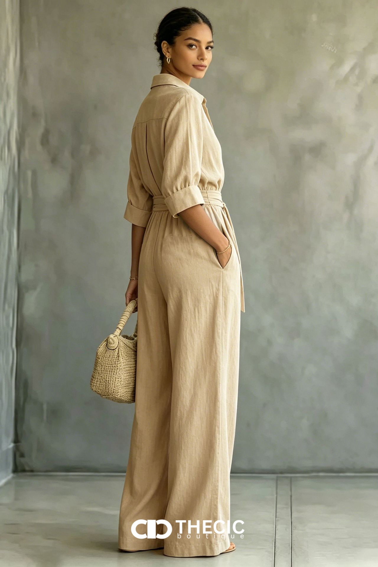 Linen-Blend Collared Button-Front Tie-Waist Wide-Leg Jumpsuit