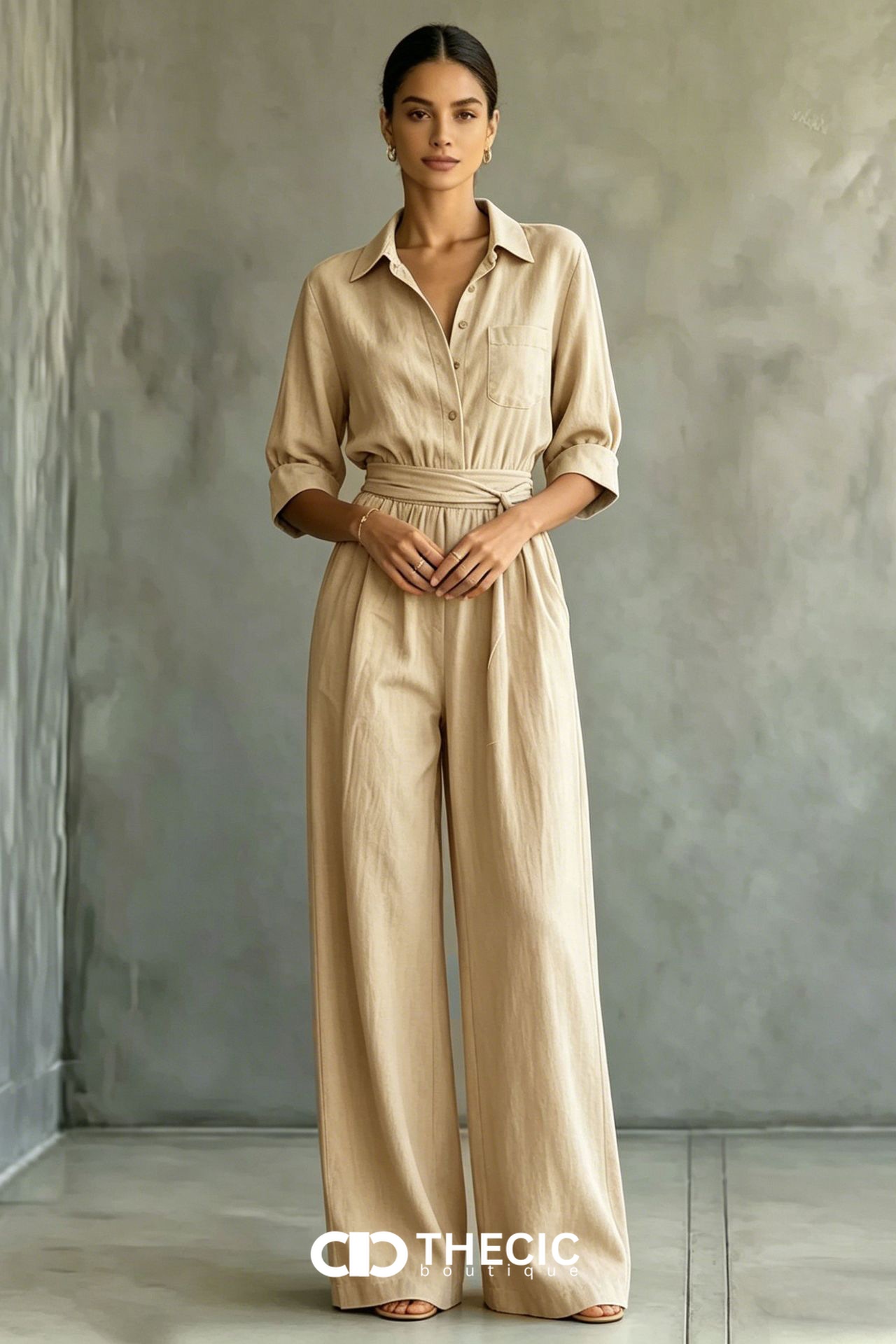 Linen-Blend Collared Button-Front Tie-Waist Wide-Leg Jumpsuit
