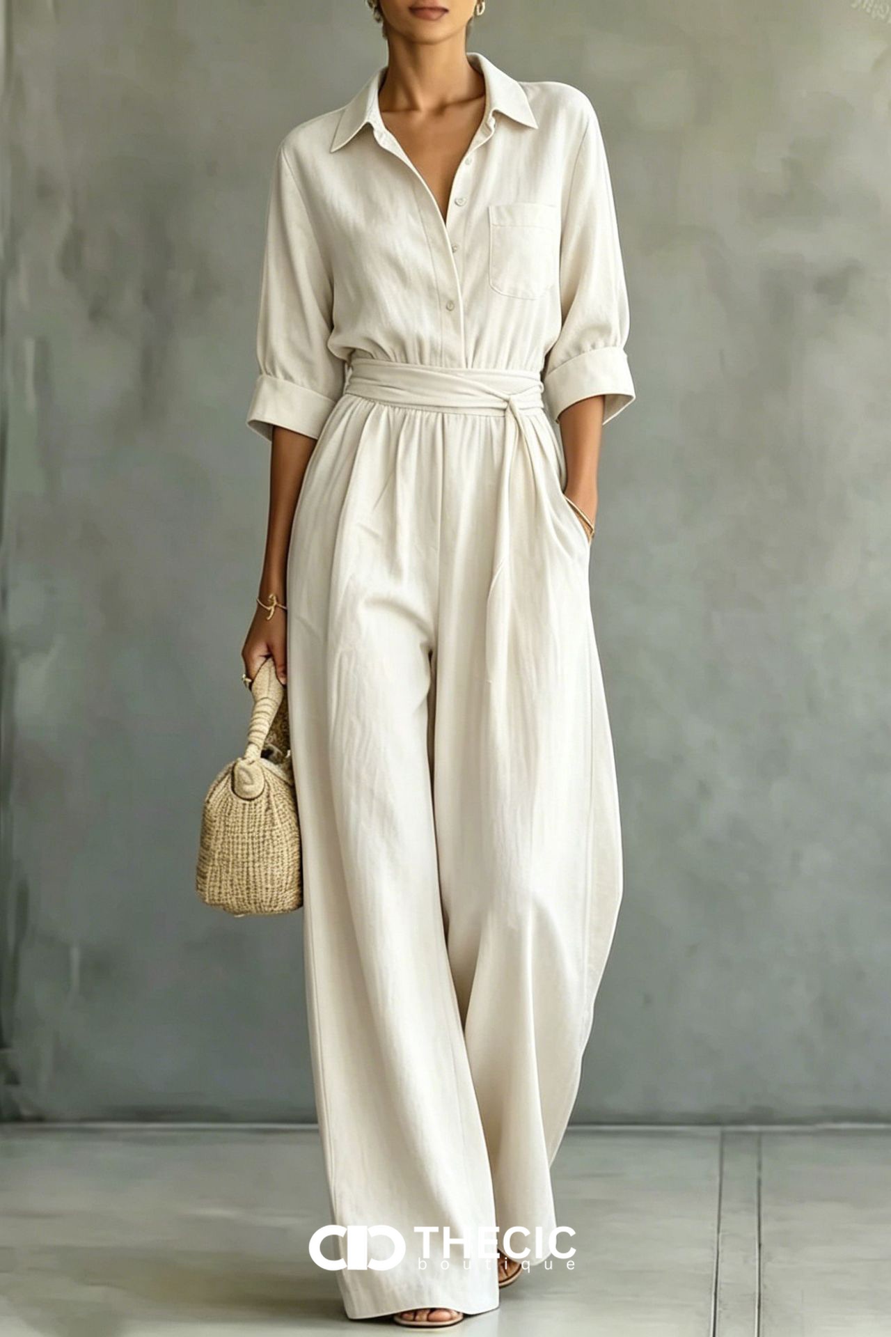Linen-Blend Collared Button-Front Tie-Waist Wide-Leg Jumpsuit