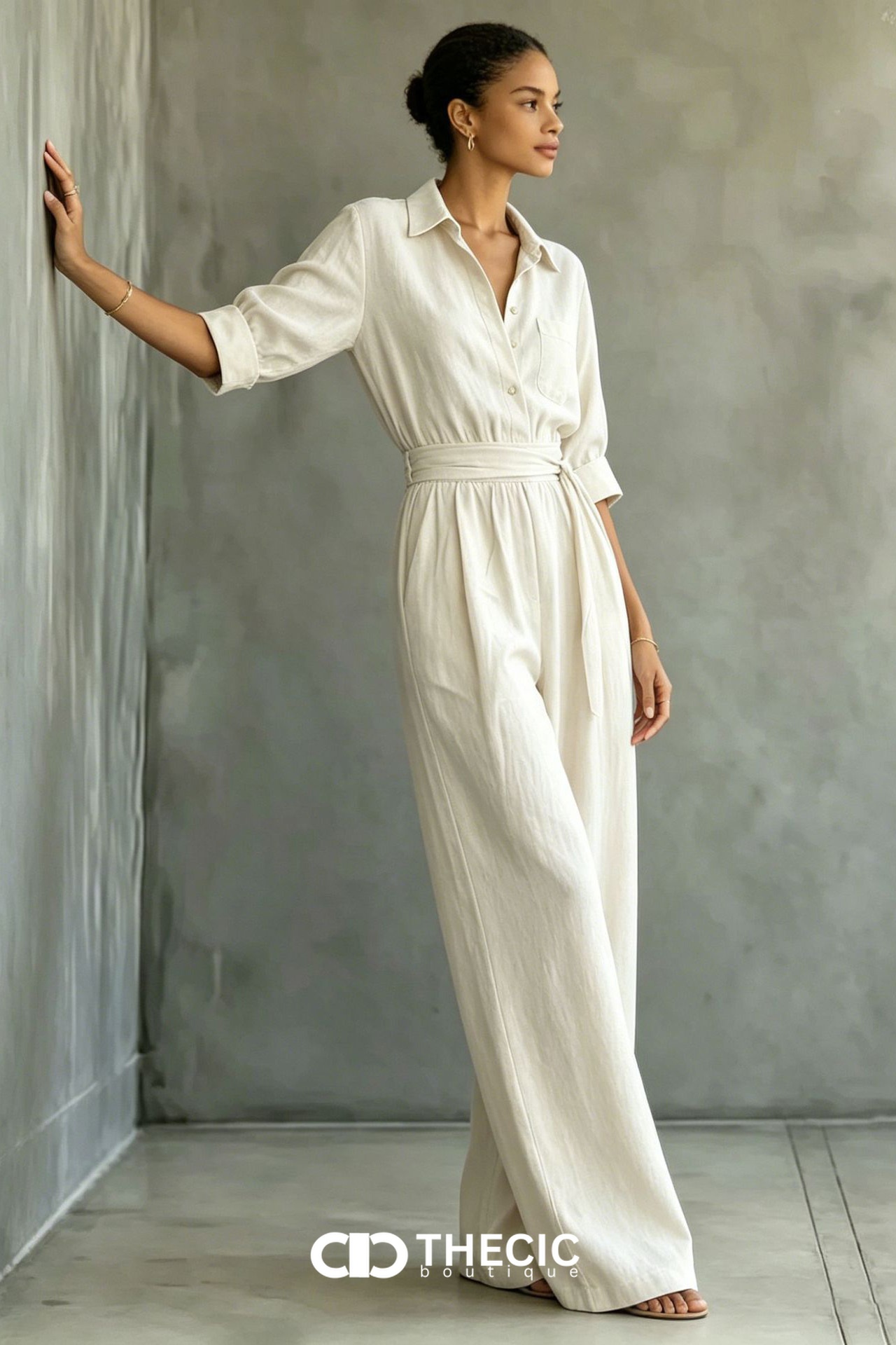 Linen-Blend Collared Button-Front Tie-Waist Wide-Leg Jumpsuit