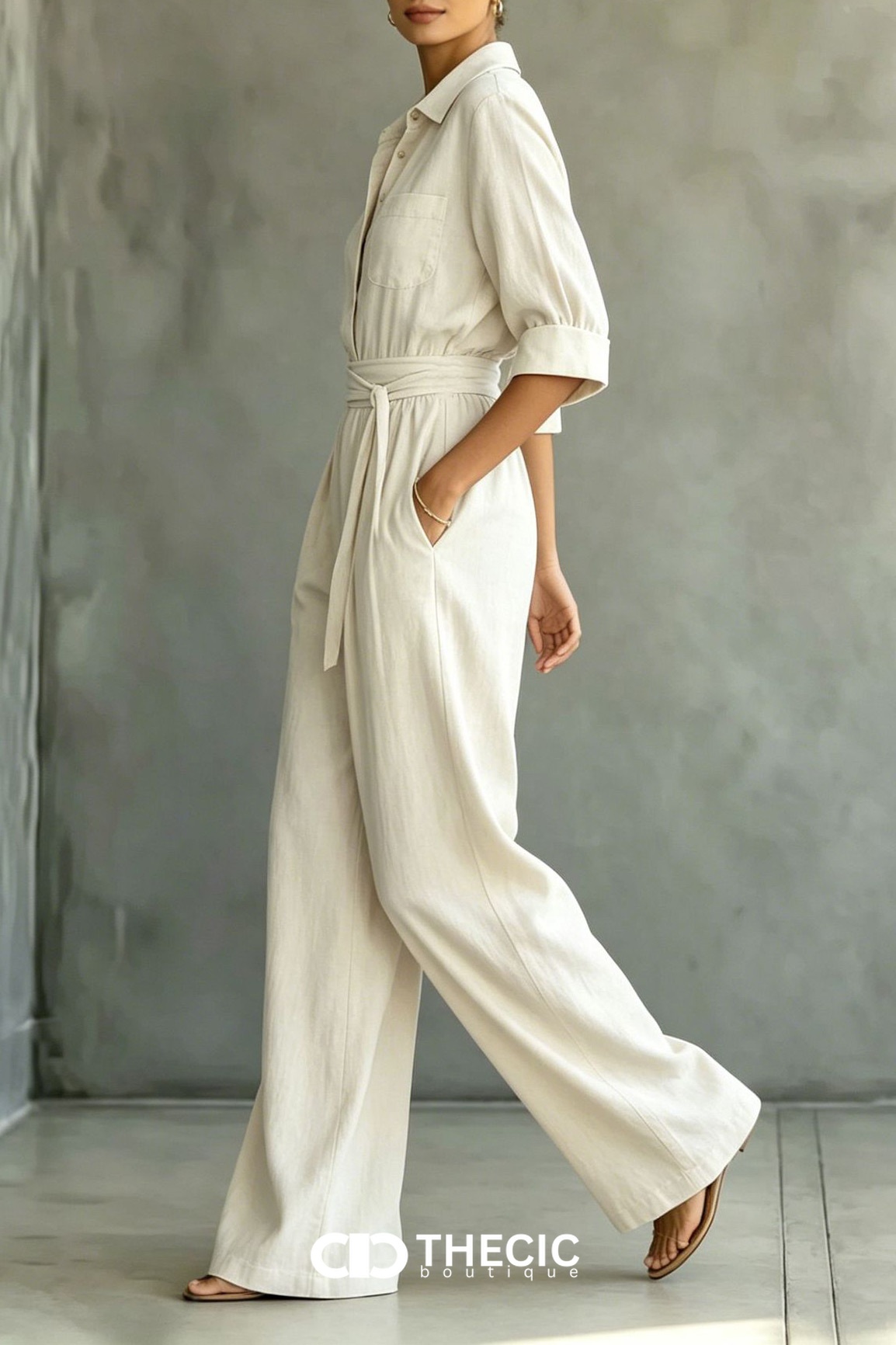 Linen-Blend Collared Button-Front Tie-Waist Wide-Leg Jumpsuit
