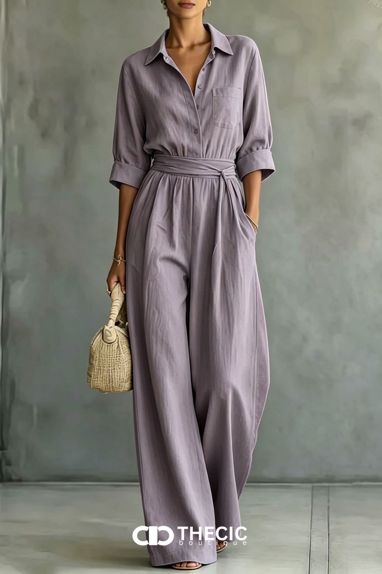 Linen-Blend Collared Button-Front Tie-Waist Wide-Leg Jumpsuit