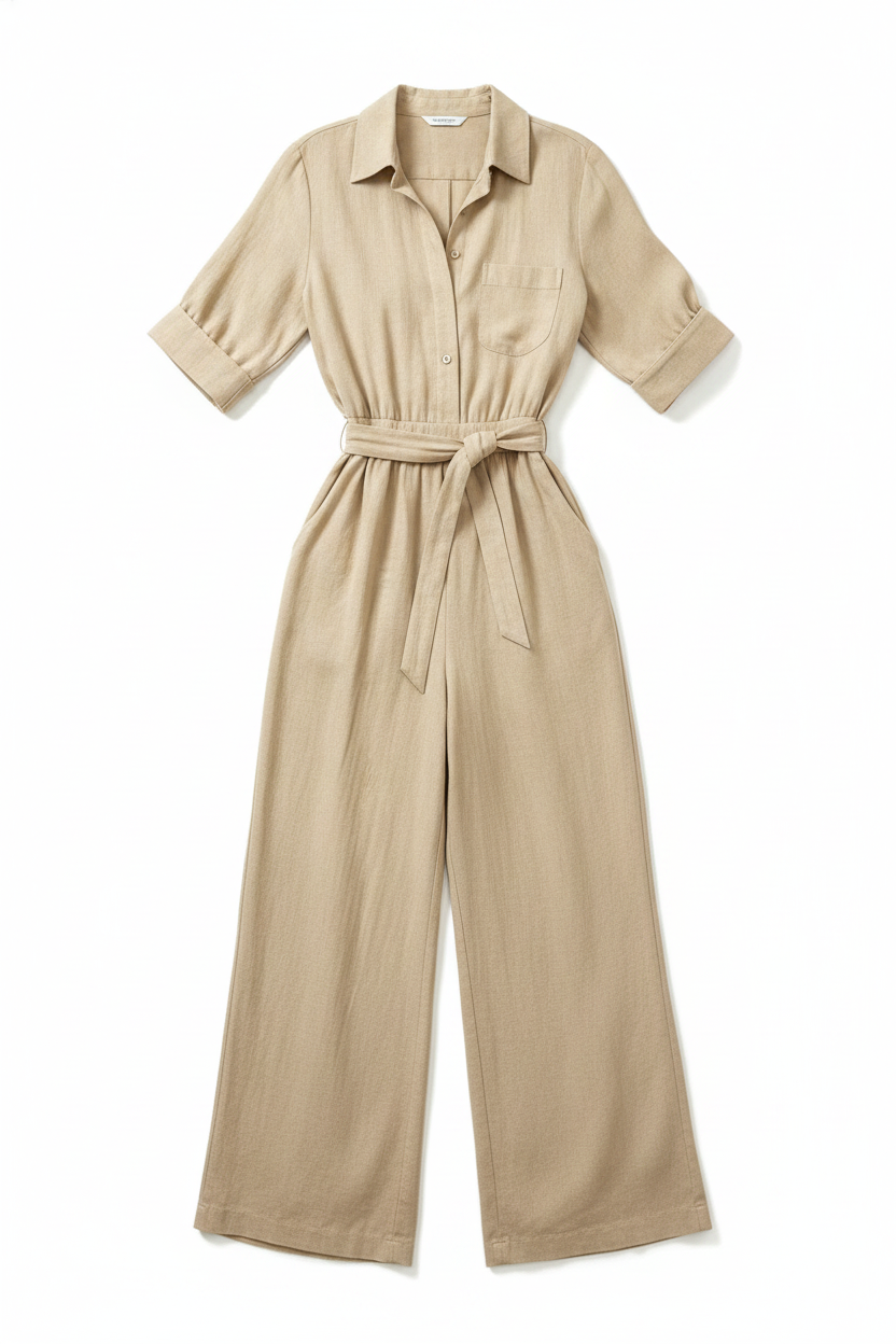 Linen-Blend Collared Button-Front Tie-Waist Wide-Leg Jumpsuit