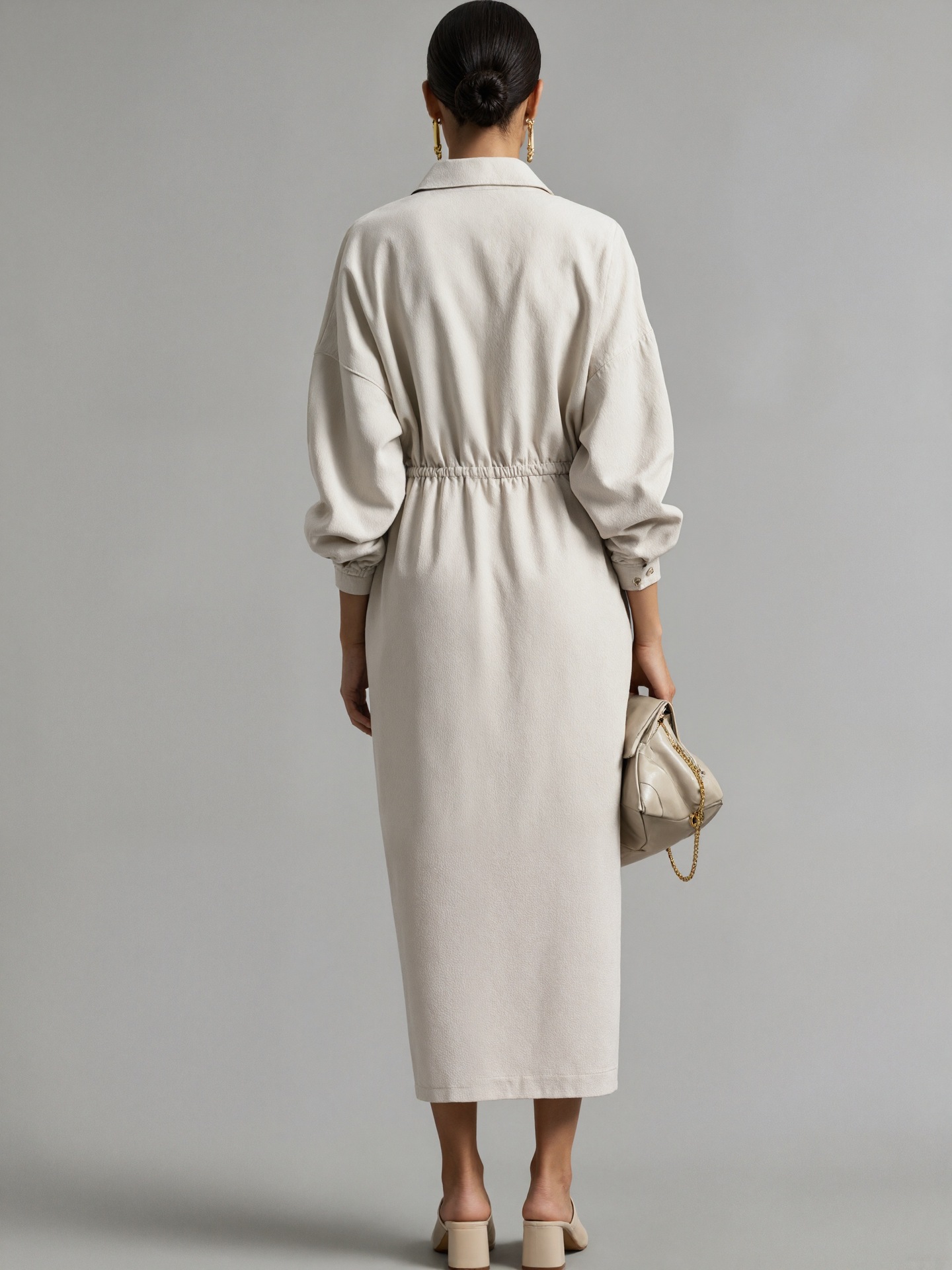 Linen Blend Collared Elasticated Waist Midi Shirt Dress