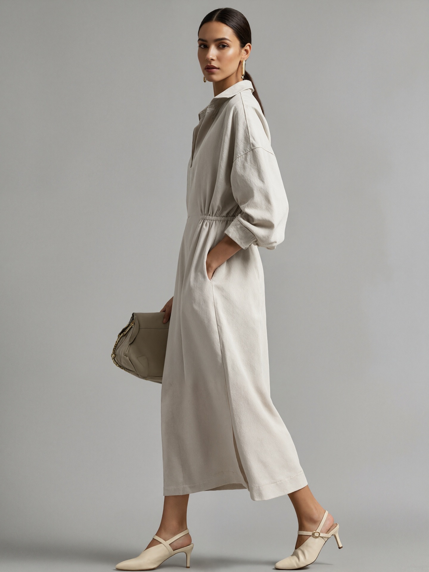 Linen Blend Collared Elasticated Waist Midi Shirt Dress