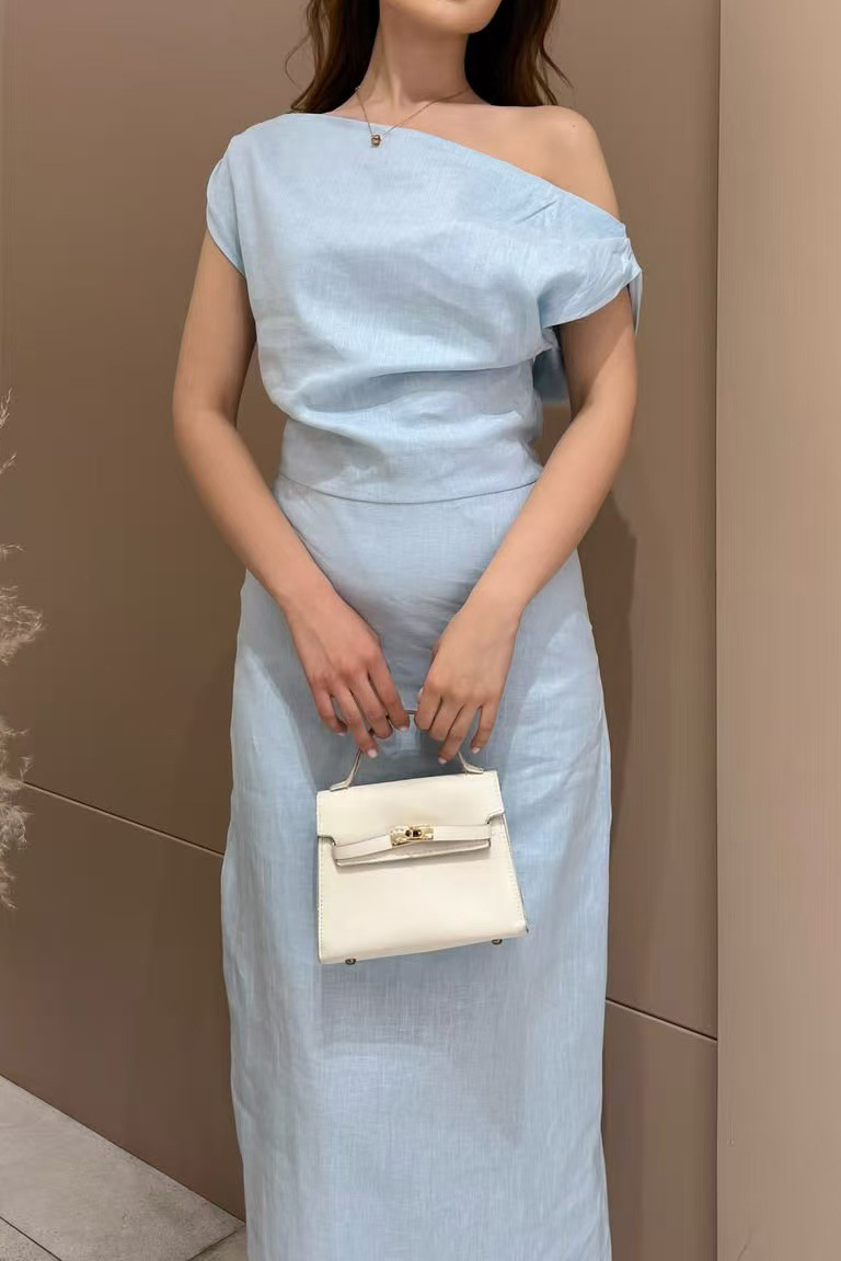 Linen-Blend Draped One-Shoulder Maxi Dress