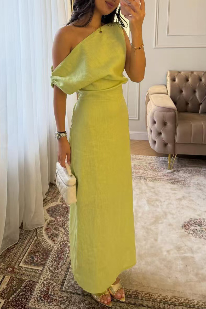 Linen-Blend Draped One-Shoulder Maxi Dress