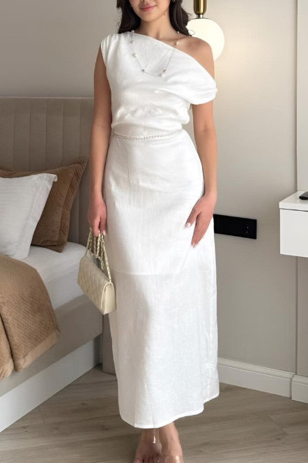 Linen-Blend Draped One-Shoulder Maxi Dress