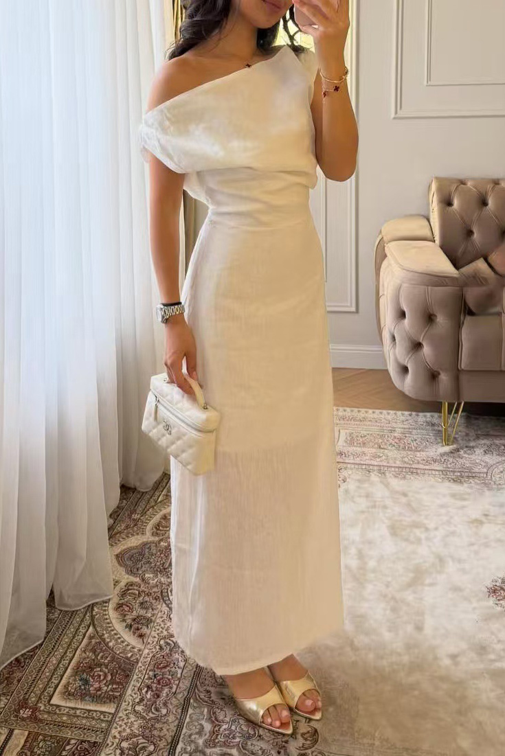 Linen-Blend Draped One-Shoulder Maxi Dress