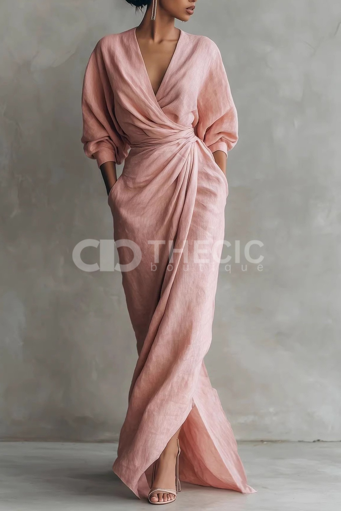 Linen-Blend Draped V-Neck Wrap Maxi Dress