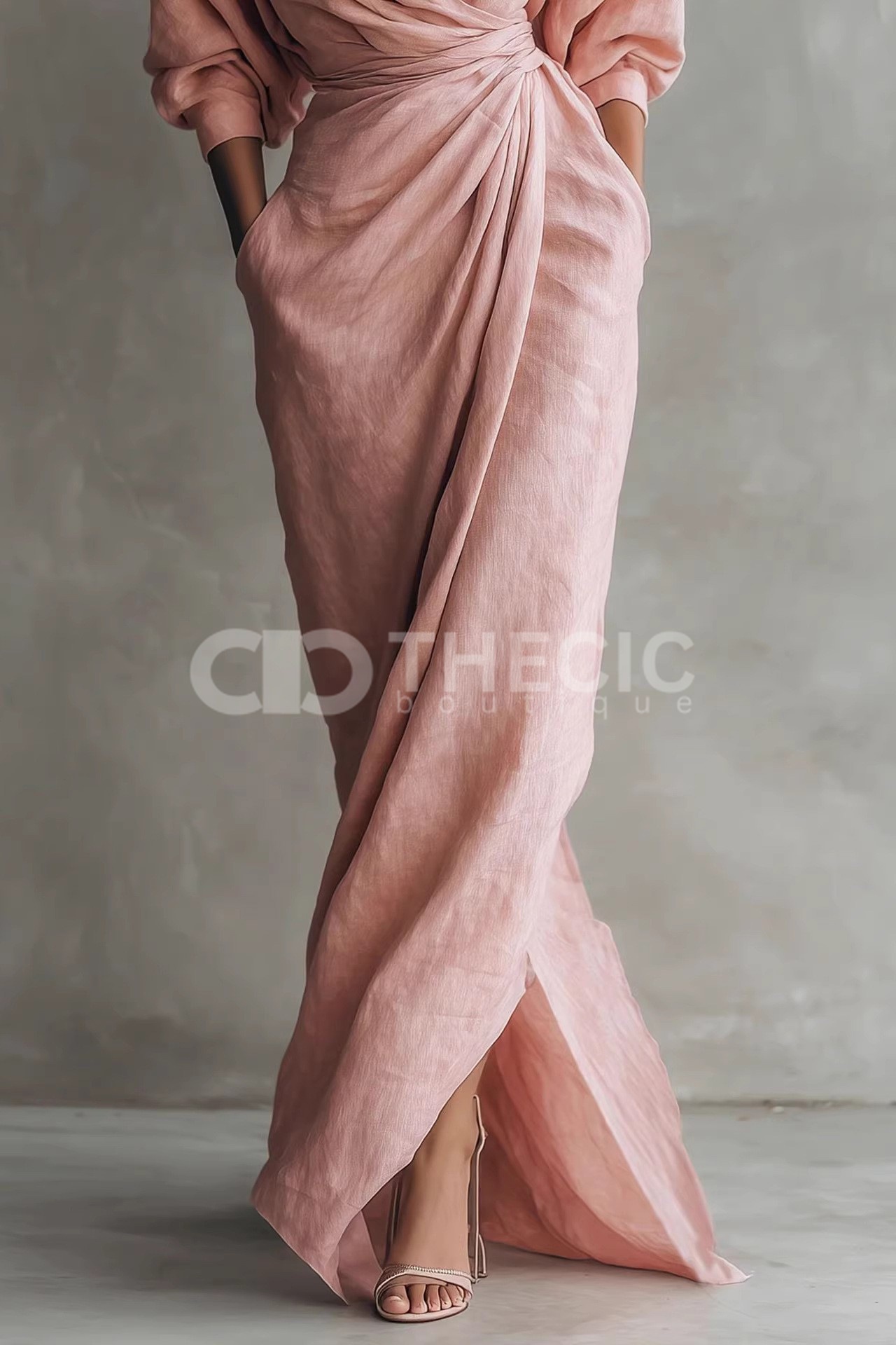 Linen-Blend Draped V-Neck Wrap Maxi Dress