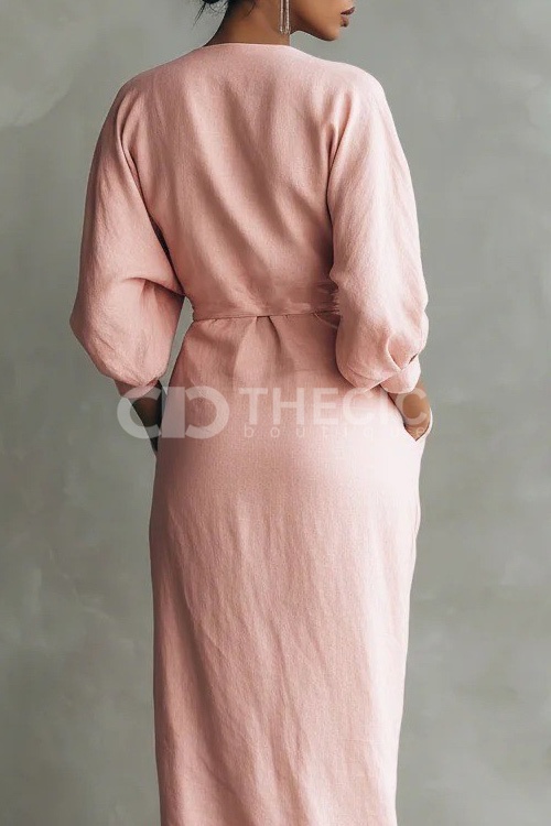 Linen-Blend Draped V-Neck Wrap Maxi Dress