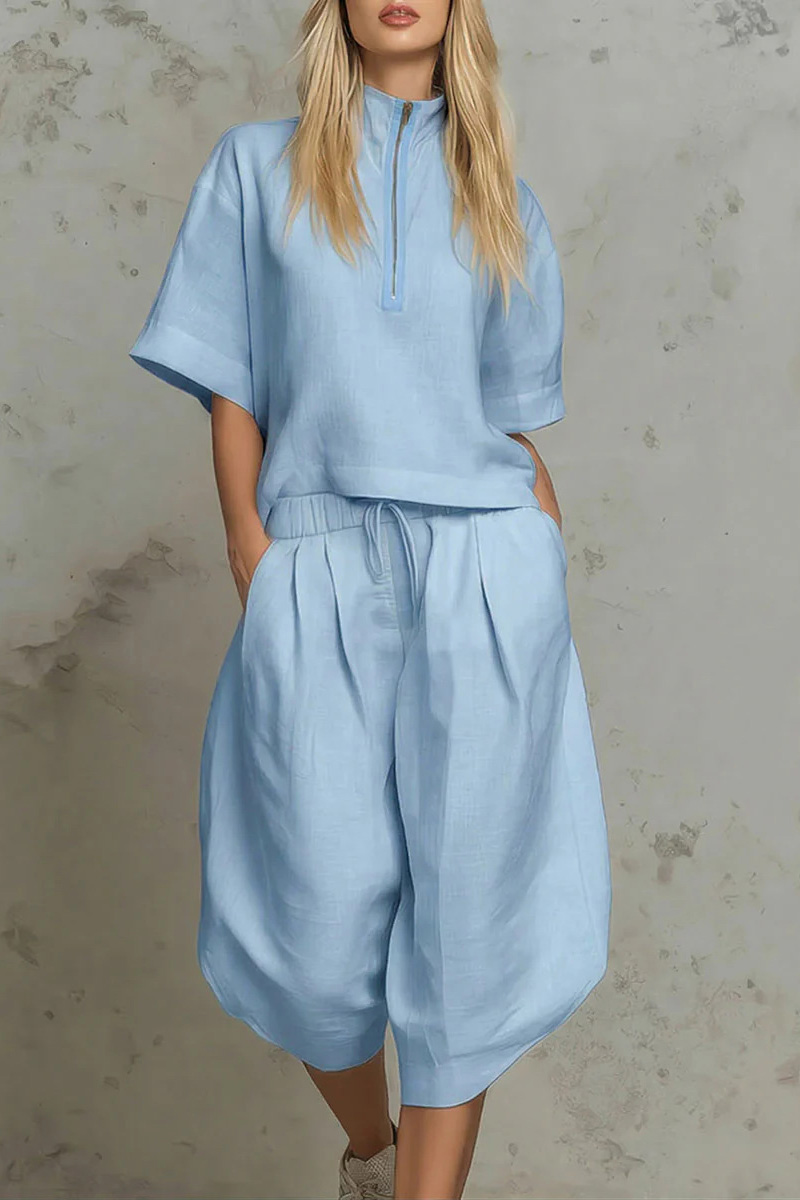 Linen Two Piece Set | Half-Zip Stand Collar Top & Pleated Wide-Leg Crop Pants | Resort Vacation Outfit
