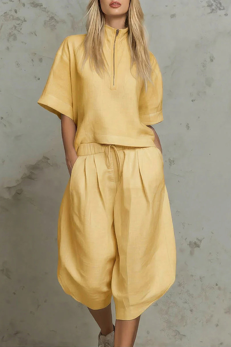 Linen Two Piece Set | Half-Zip Stand Collar Top & Pleated Wide-Leg Crop Pants | Resort Vacation Outfit