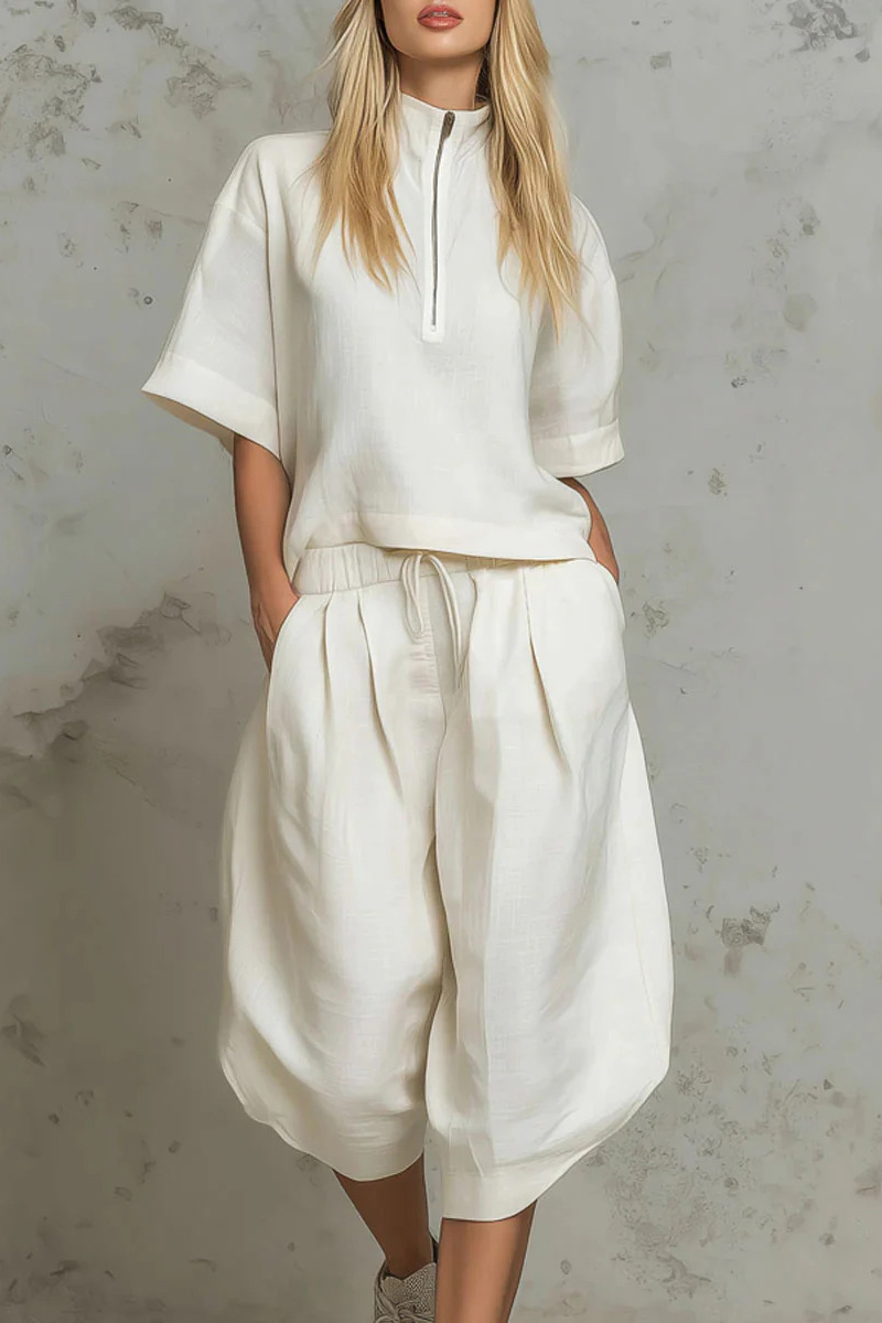 Linen Two Piece Set | Half-Zip Stand Collar Top & Pleated Wide-Leg Crop Pants | Resort Vacation Outfit