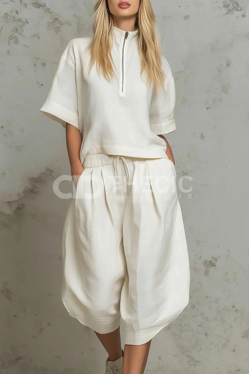 Linen-Blend Half-Zip Top Pleated Wide-Leg Crop Set